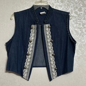Vintage Studded Denim Vest Lace Concho Buttons Dark Wash Boho Western Cotton M